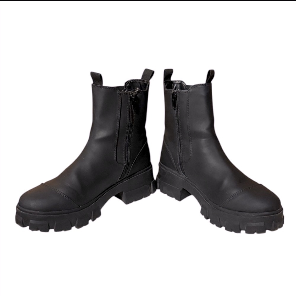 Faux Black Leather Chunky Ankle Boots - Picture 5 of 7